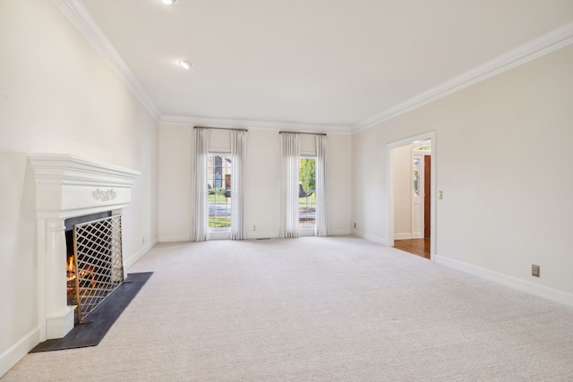 carpeted living room with crown molding