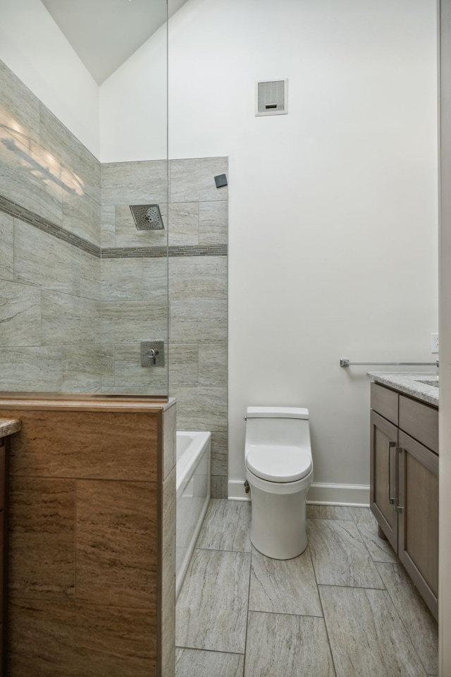 full bathroom with plus walk in shower, vanity, vaulted ceiling, and toilet