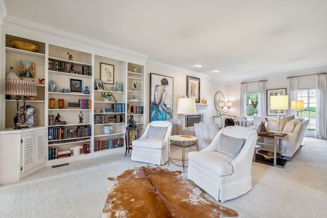 living room with light carpet and ornamental molding