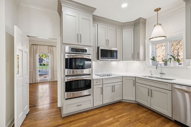 kitchen featuring appliances with stainless steel finishes, hardwood / wood-style flooring, decorative light fixtures, and sink