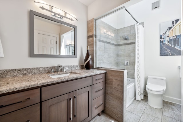 full bathroom with vanity, shower / bath combination with curtain, and toilet