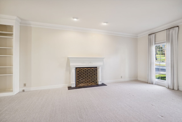 unfurnished living room with light carpet and crown molding