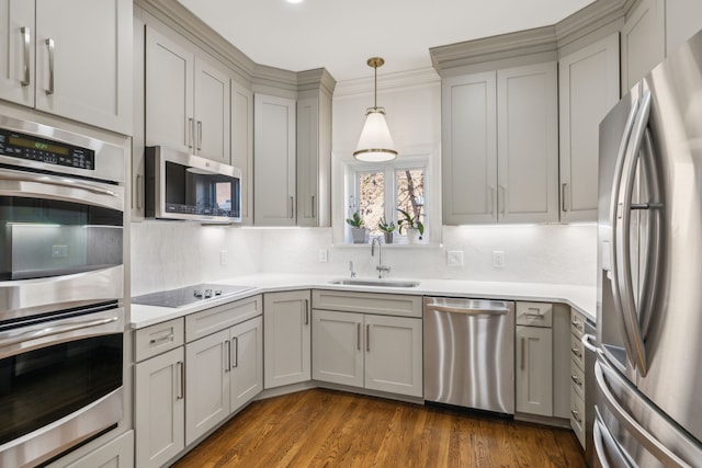 kitchen featuring gray cabinetry, dark hardwood / wood-style flooring, sink, and stainless steel appliances