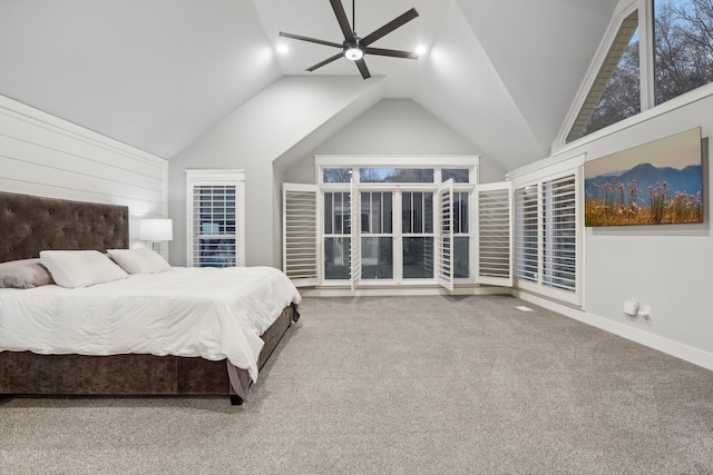 bedroom featuring ceiling fan, carpet floors, and vaulted ceiling