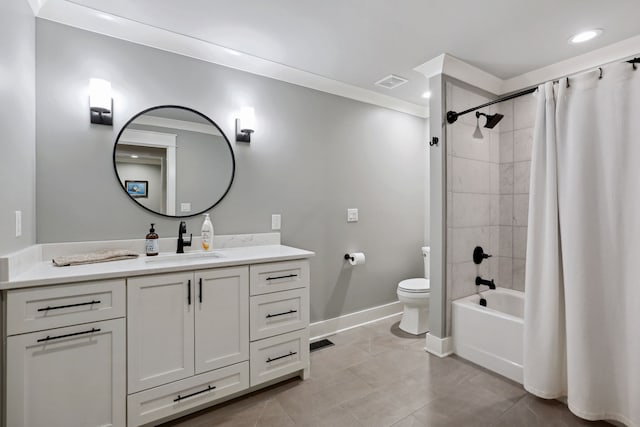 full bathroom featuring vanity, tile patterned flooring, toilet, ornamental molding, and shower / tub combo with curtain