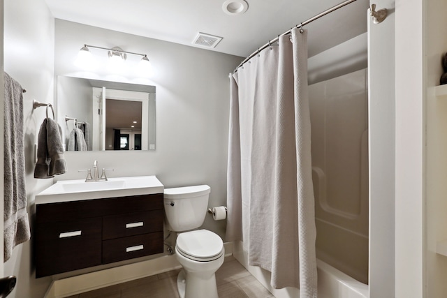 full bathroom featuring tile patterned flooring, vanity, shower / tub combo with curtain, and toilet