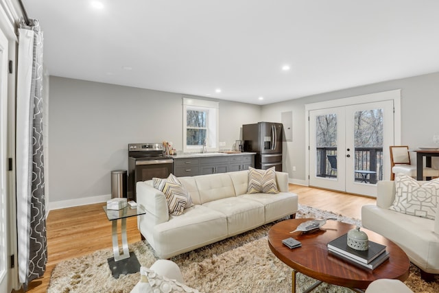 living room featuring french doors and light hardwood / wood-style floors