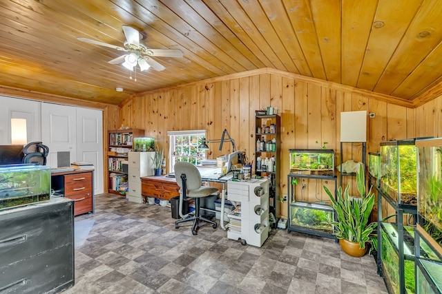 home office with wood walls, ceiling fan, wood ceiling, and vaulted ceiling