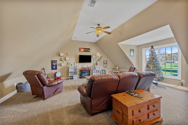 living room with carpet, ceiling fan, and lofted ceiling