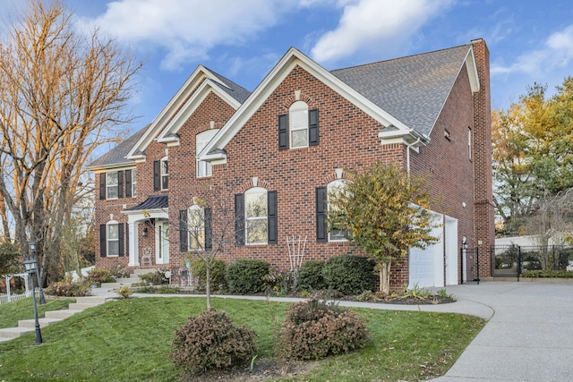 view of front of property featuring a front yard and a garage