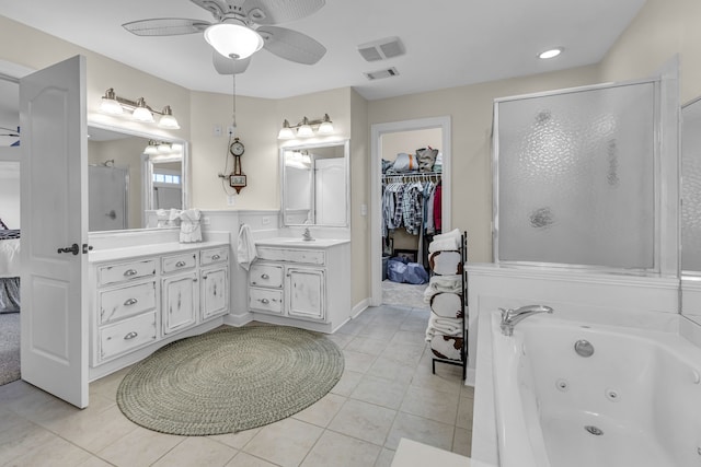 bathroom featuring vanity, tile patterned floors, ceiling fan, and independent shower and bath