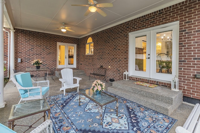 view of patio / terrace with ceiling fan and french doors