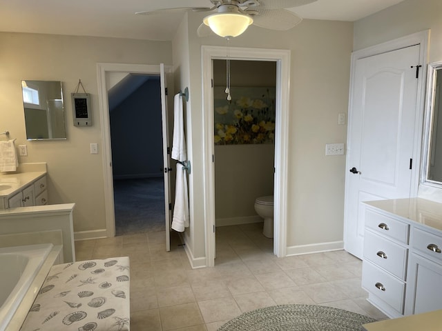 bathroom with tile patterned floors, vanity, ceiling fan, and toilet