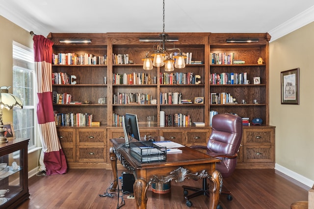 office space with crown molding and dark wood-type flooring