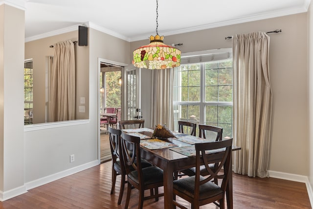 dining area featuring crown molding, dark hardwood / wood-style flooring, and a healthy amount of sunlight