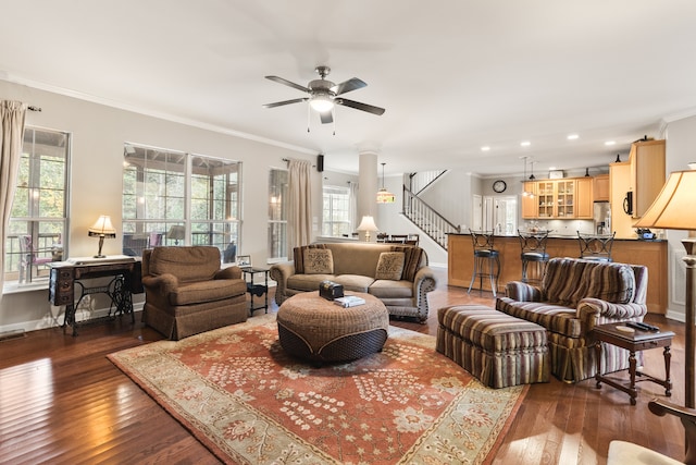 living room with ornamental molding, dark hardwood / wood-style floors, and a healthy amount of sunlight