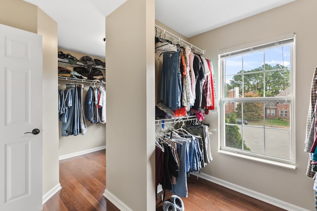 spacious closet with dark hardwood / wood-style floors