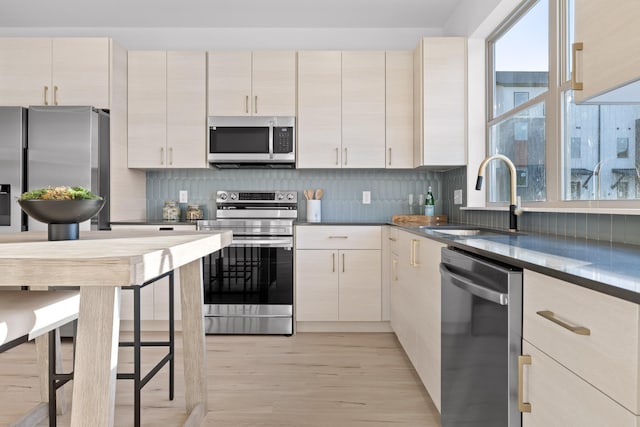 kitchen featuring decorative backsplash, sink, stainless steel appliances, and light hardwood / wood-style floors