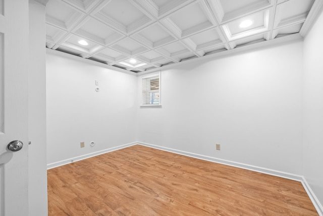 unfurnished room with wood-type flooring and coffered ceiling