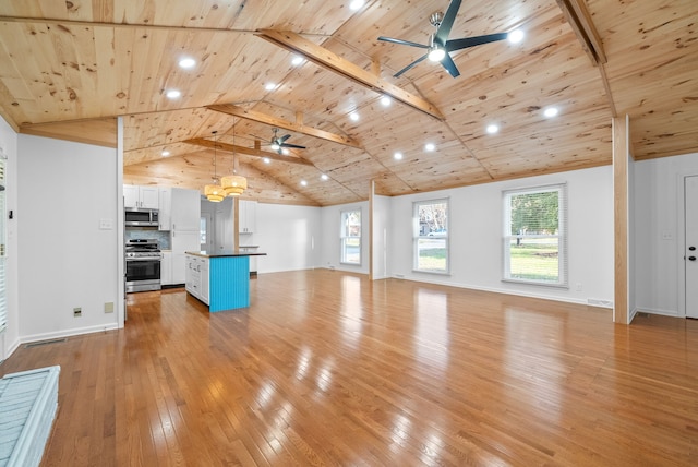 unfurnished living room with lofted ceiling with beams, light hardwood / wood-style flooring, ceiling fan, and wooden ceiling