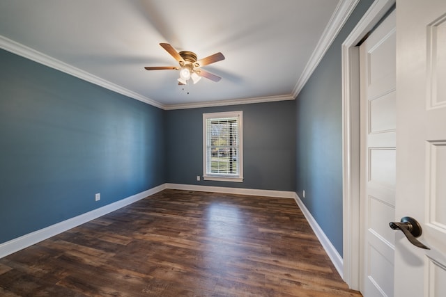 unfurnished room with ornamental molding, ceiling fan, and dark wood-type flooring