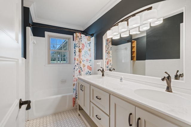 bathroom featuring tile patterned floors, crown molding, shower / bath combo with shower curtain, and vanity