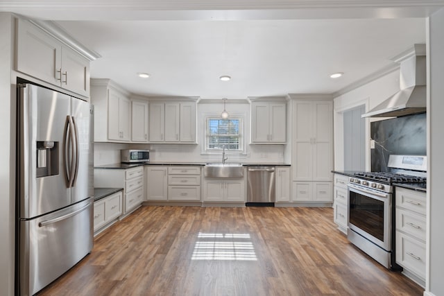 kitchen featuring wood-type flooring, wall chimney range hood, sink, and appliances with stainless steel finishes