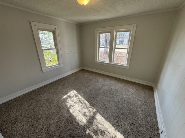 empty room with carpet, a textured ceiling, plenty of natural light, and ornamental molding