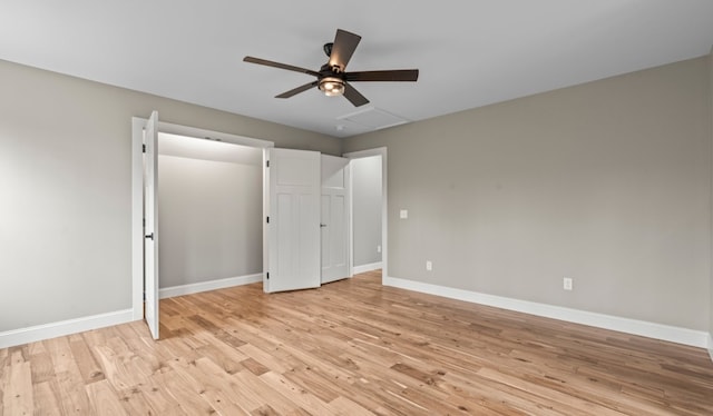 unfurnished bedroom featuring ceiling fan and light hardwood / wood-style floors