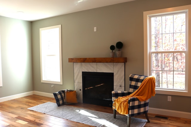 living area featuring plenty of natural light, light wood-type flooring, and a fireplace