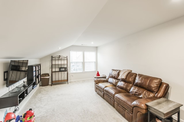 living room with light carpet and lofted ceiling