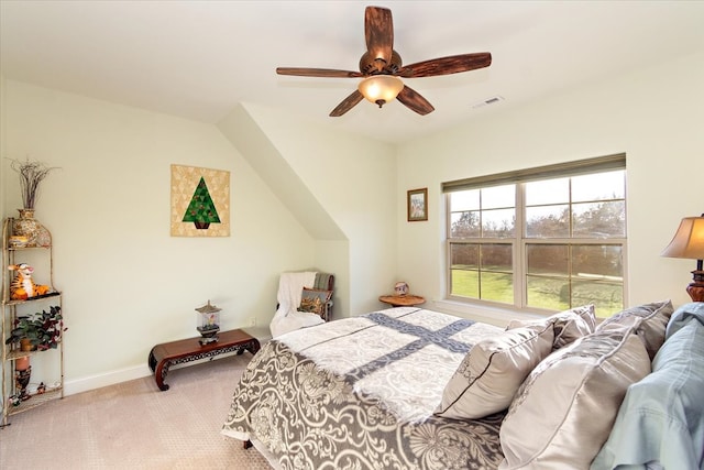 bedroom featuring ceiling fan and light colored carpet