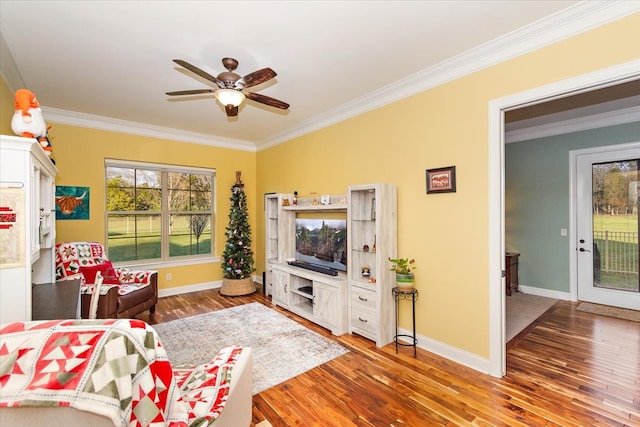 living room featuring ceiling fan, wood-type flooring, and ornamental molding