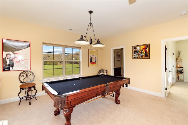 rec room featuring light colored carpet and billiards