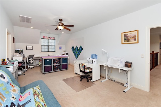 office with carpet floors and ceiling fan