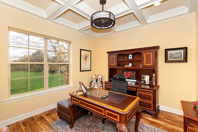 office space with beam ceiling, light wood-type flooring, ornamental molding, and coffered ceiling