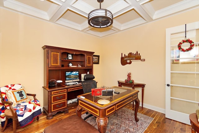 office area featuring crown molding, dark hardwood / wood-style flooring, beamed ceiling, and coffered ceiling