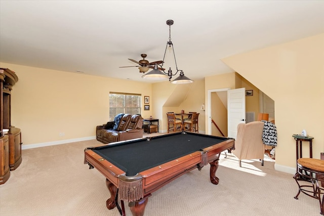 rec room featuring ceiling fan, light colored carpet, and billiards