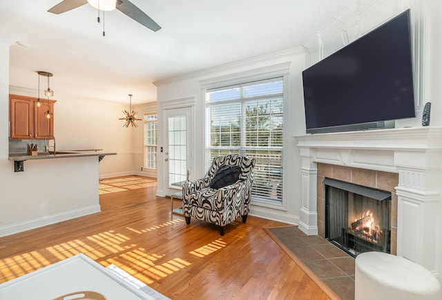 living room with ceiling fan, sink, crown molding, a fireplace, and light wood-type flooring