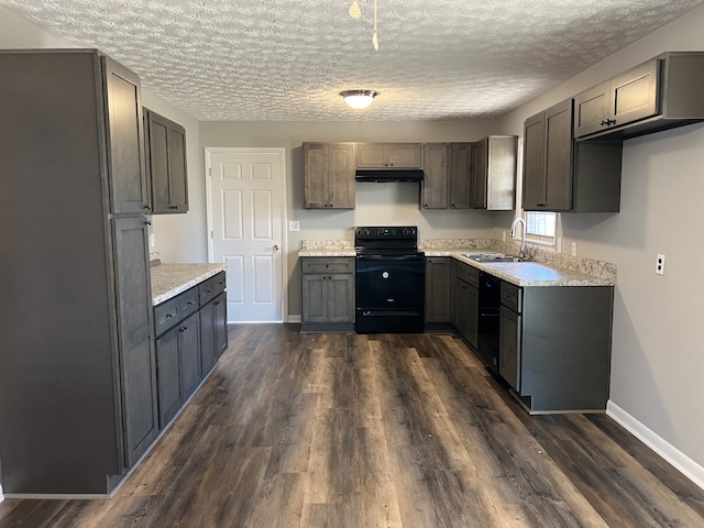 kitchen with dark hardwood / wood-style flooring, black range with electric cooktop, a textured ceiling, and sink