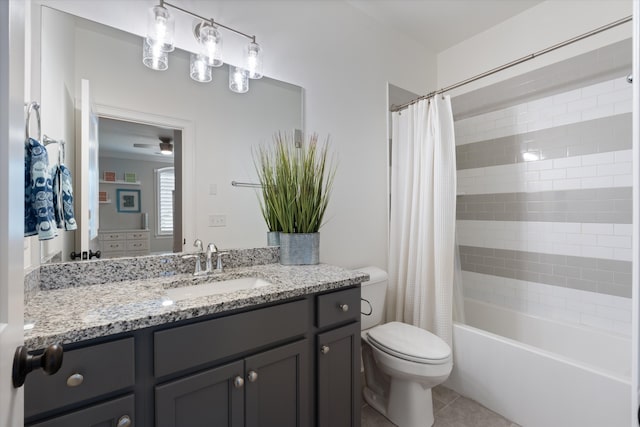 full bathroom with ceiling fan, tile patterned flooring, shower / bath combination with curtain, toilet, and vanity