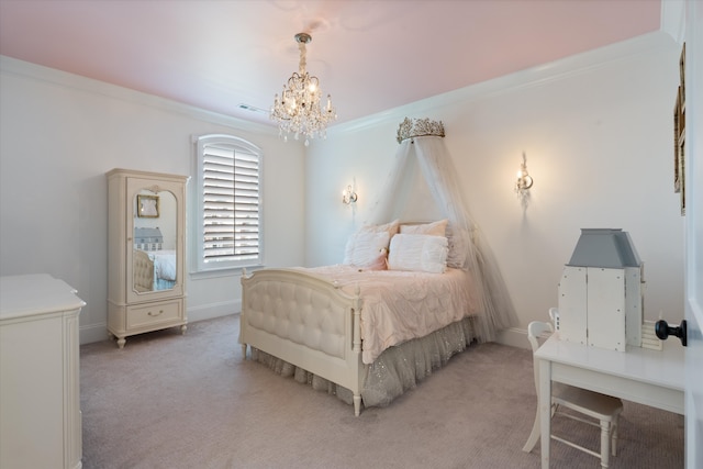 carpeted bedroom with an inviting chandelier and ornamental molding