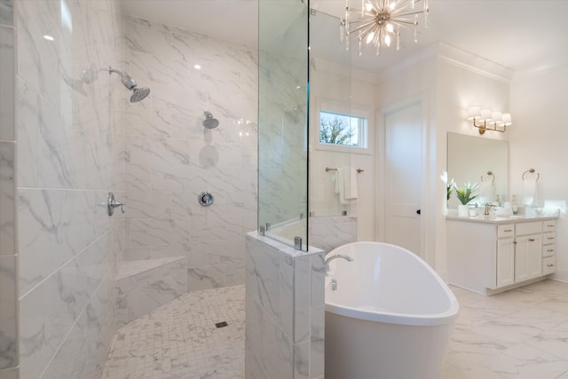 bathroom featuring a chandelier, vanity, separate shower and tub, and crown molding