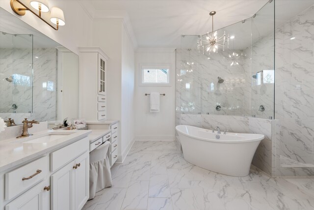 bathroom featuring a notable chandelier, vanity, shower with separate bathtub, and ornamental molding