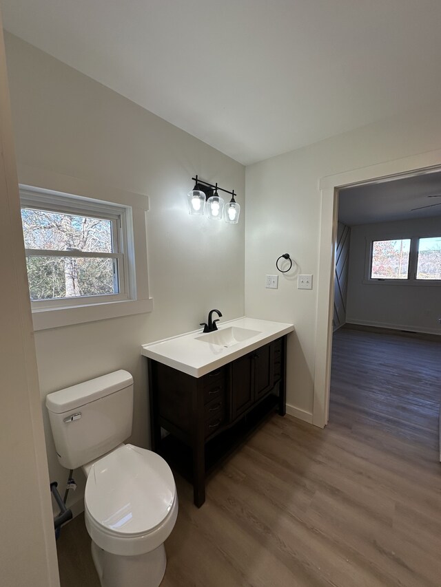 bathroom featuring hardwood / wood-style floors, vanity, and toilet