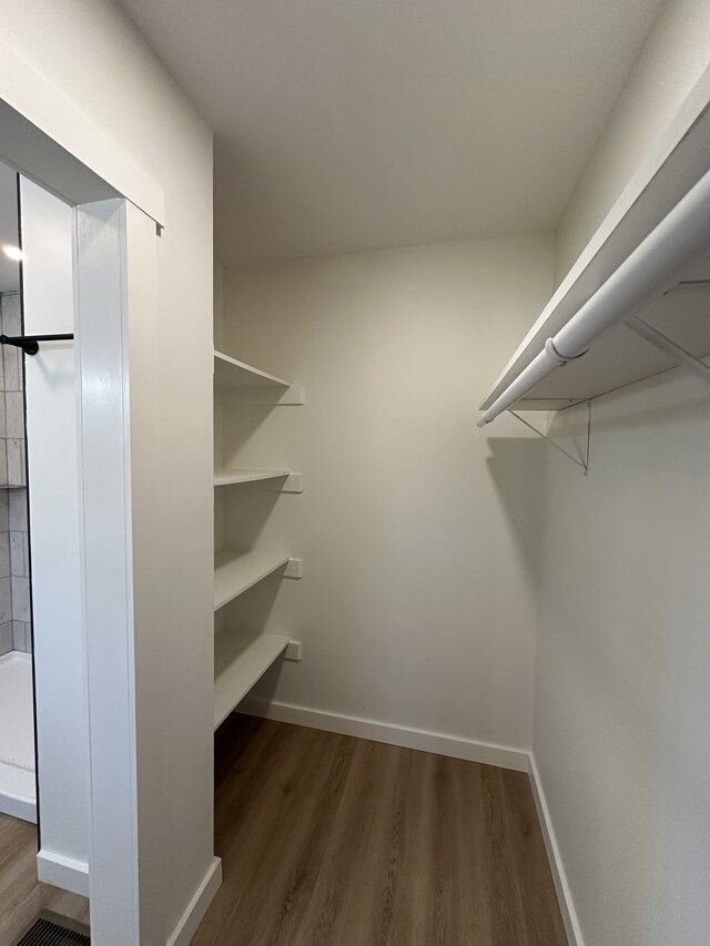 spacious closet with dark hardwood / wood-style flooring