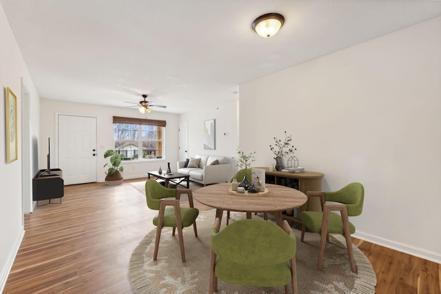 dining area with ceiling fan and wood-type flooring