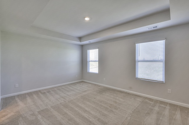 empty room featuring light colored carpet and a tray ceiling