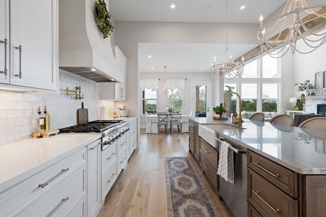 kitchen featuring premium range hood, a wealth of natural light, white cabinets, and stainless steel appliances