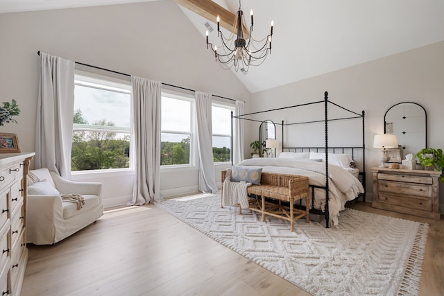 bedroom with beam ceiling, light hardwood / wood-style flooring, high vaulted ceiling, and an inviting chandelier